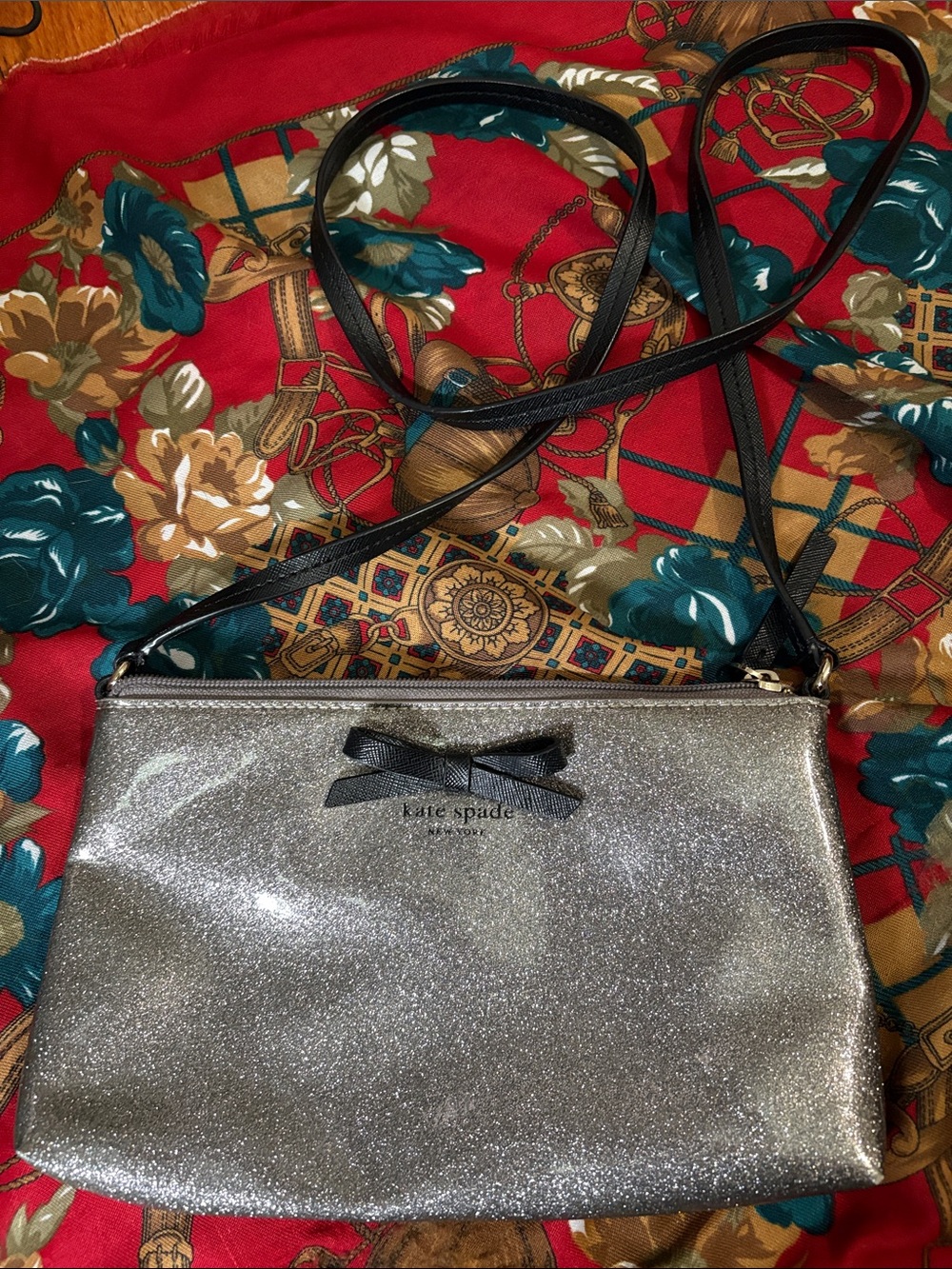 kate spade Silver Glitter Crossbody with Black Bow
